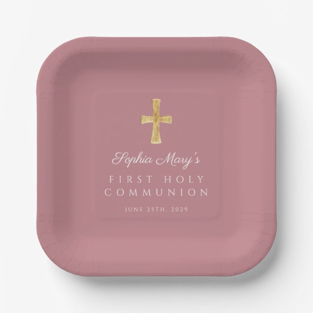 Assiettes En Carton Elégante Croix rose Première communion de fille (Recto)