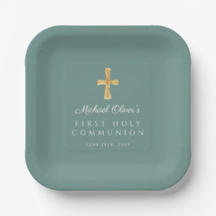 Assiettes En Carton Elégante Croix verte Boy First Communion
