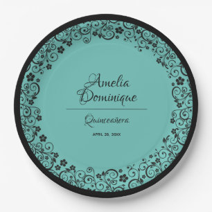 Assiettes En Carton Elégante dentelle noire Quinceañera sur Turquoise