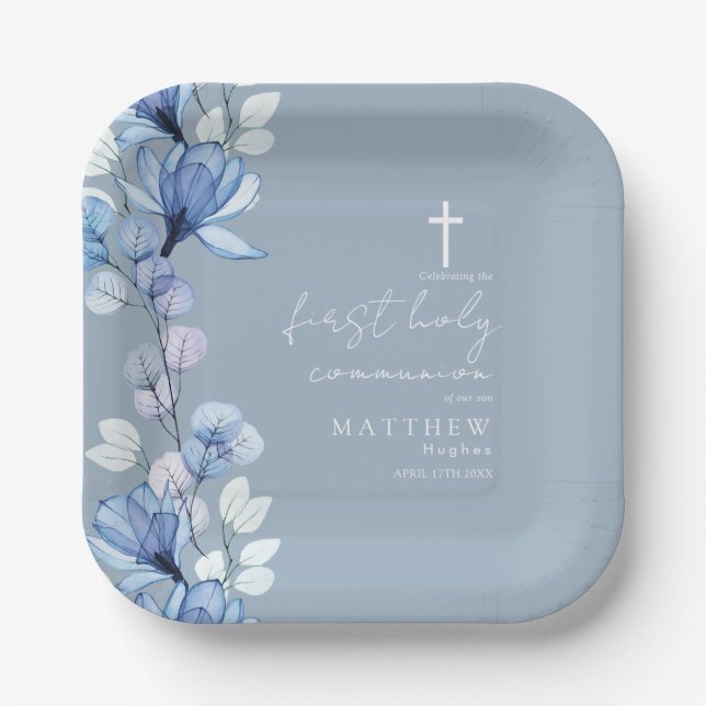 Assiettes En Carton Elégante Dusty Blue Floral Première Communion Sain (Recto)