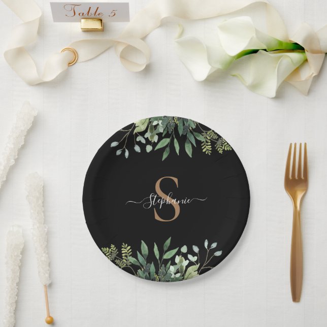 Assiettes En Carton Élégante écriture botanique eucalyptus or monogram (Mariage)