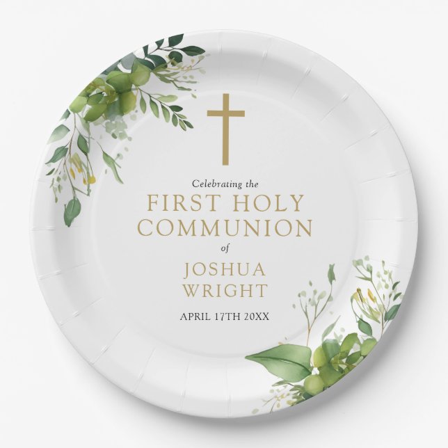 Assiettes En Carton Elégante Eucalyptus Verdure Première Communion Sai (Devant)
