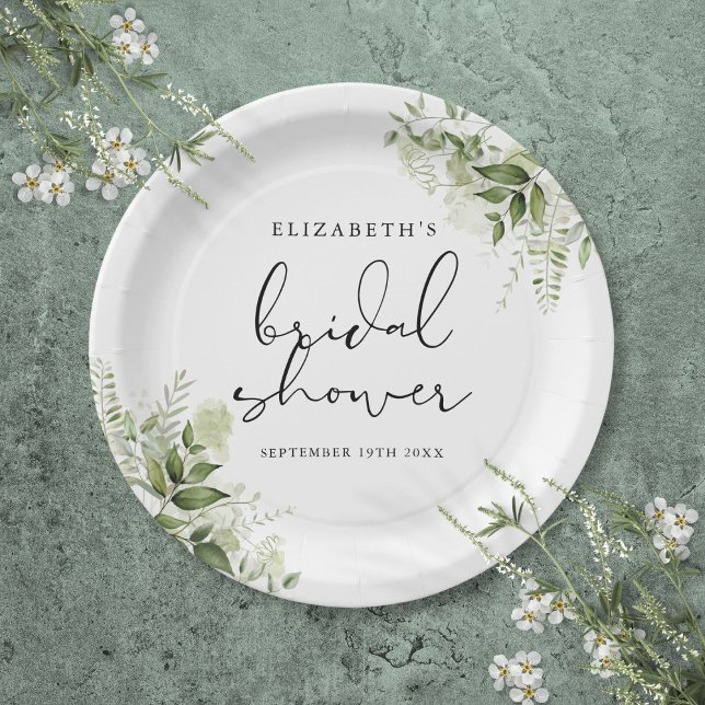 Assiettes En Carton Élégante Fête de Mariage avec Végétation Rustique (Rustic Greenery Elegant Script Bridal Shower Paper Plates)