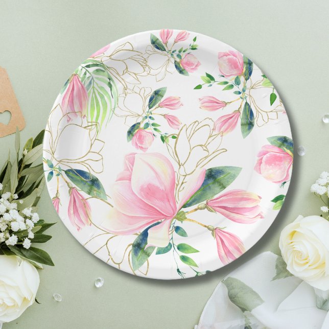 Assiettes En Carton Elégante Fête des mariées couleur rose Magnolia (Créateur téléchargé)