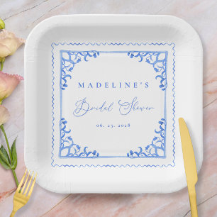Assiettes En Carton Elégante Fête des mariées en Carrelage Bleu Blanc