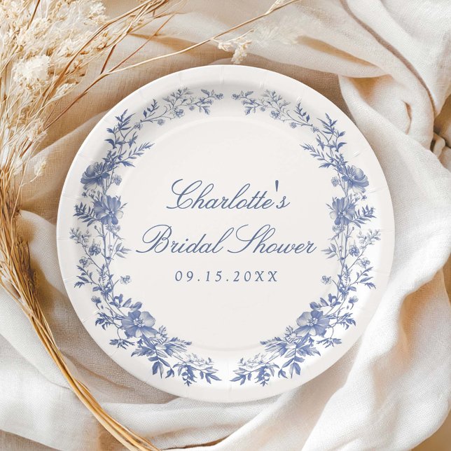 Assiettes En Carton Elégante Fête des mariées Florale Bleue (Créateur téléchargé)