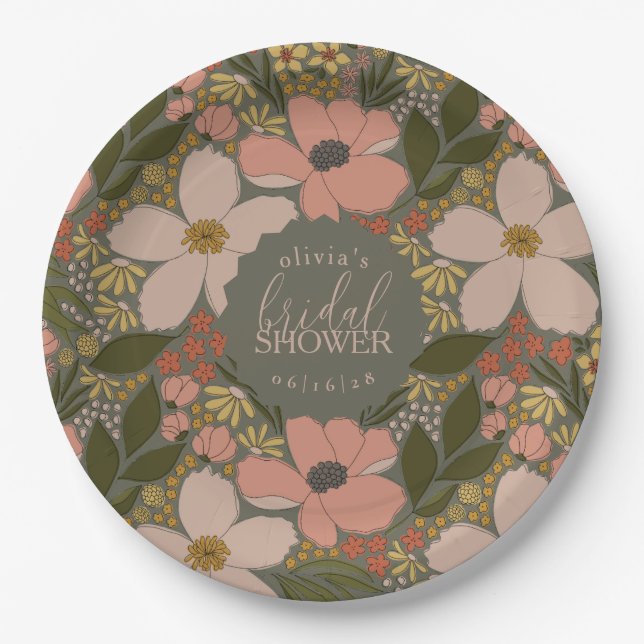 Assiettes En Carton Elégante Fête des mariées Florale personnalisée (Devant)