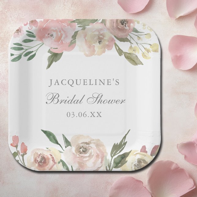 Assiettes En Carton Élégante Fête des mariées florale rose rose (Créateur téléchargé)