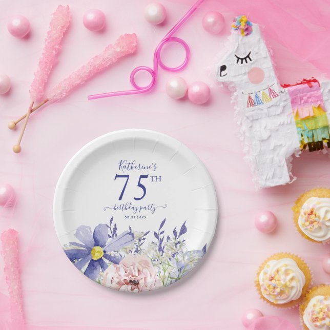 Assiettes En Carton Élégante fête du 75e anniversaire rose violet (Fête)