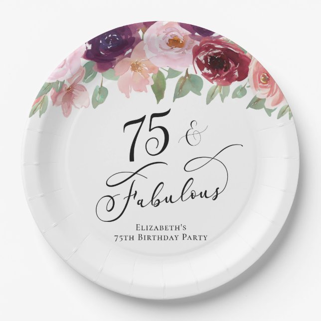 Assiettes En Carton Élégante fête florale 75e anniversaire (Devant)