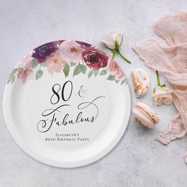 Assiettes En Carton Elégante fête florale 80e anniversaire (Créateur téléchargé)