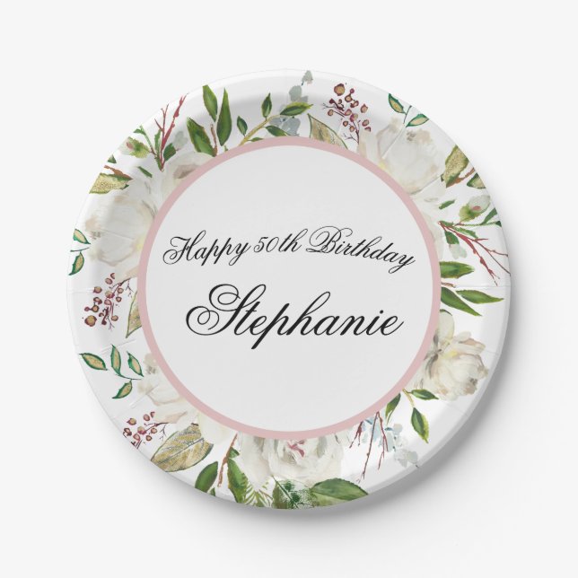 Assiettes En Carton Elégante Fleurs blanches 50e anniversaire (Devant)
