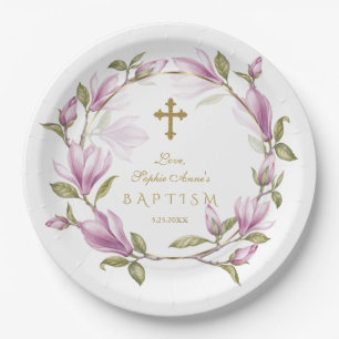 Assiettes En Carton Élégante Fleurs de Magnolia Rose Wreath Gold Bapti