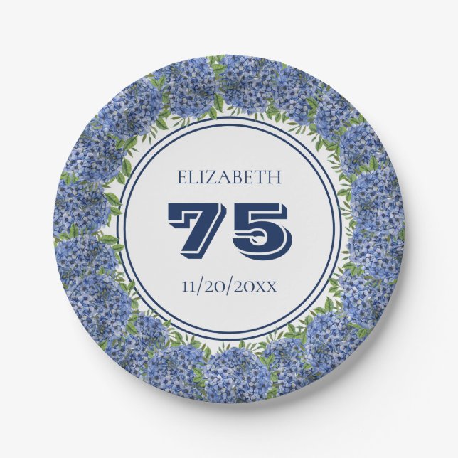 Assiettes En Carton Elégante Floral Blue Hydrangeas 75ème anniversaire (Devant)