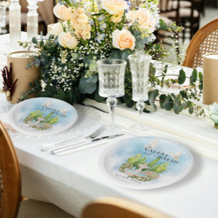 Assiettes En Carton Elégante Fontaine fleurs colombes Mariage Luxe