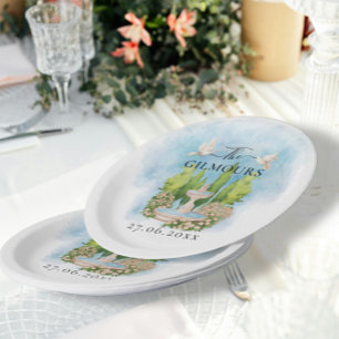 Assiettes En Carton Elégante Fontaine   fleurs colombes Mariage Luxe