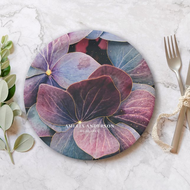 Assiettes En Carton Elégante Gold Purple Blue Hydrangeas fête d'annive (Créateur téléchargé)