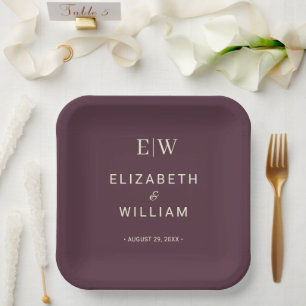 Assiettes En Carton Elégante laque simple cerise, Mariage Monogramme