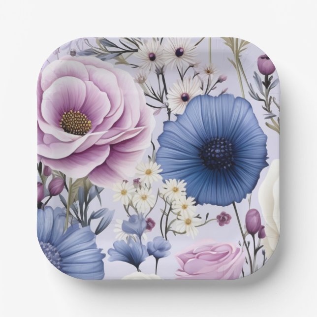 Assiettes En Carton Elégante Lavande Bleu Fleur Jardin Floral (Recto)