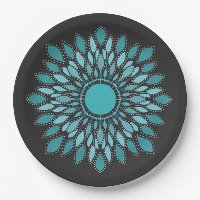 Assiettes En Carton Elégante Mandala Turquoise Lotus Flower (Devant)