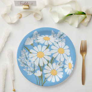 Assiettes En Carton Elégante marguerite florale blanche sur bleu