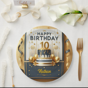 Assiettes En Carton Elégante Marine Bleu & Or 10e anniversaire Célébra
