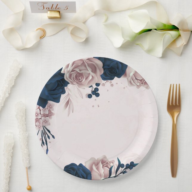 Assiettes En Carton élégante marine et poussiéreuse fleurs roses botan (Mariage)