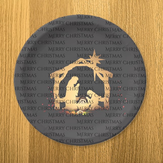 Assiettes En Carton Élégante Nativité Argent Noir Joyeux Noël (Elegant Black Gold Nativity Merry Christmas Paper Plates)