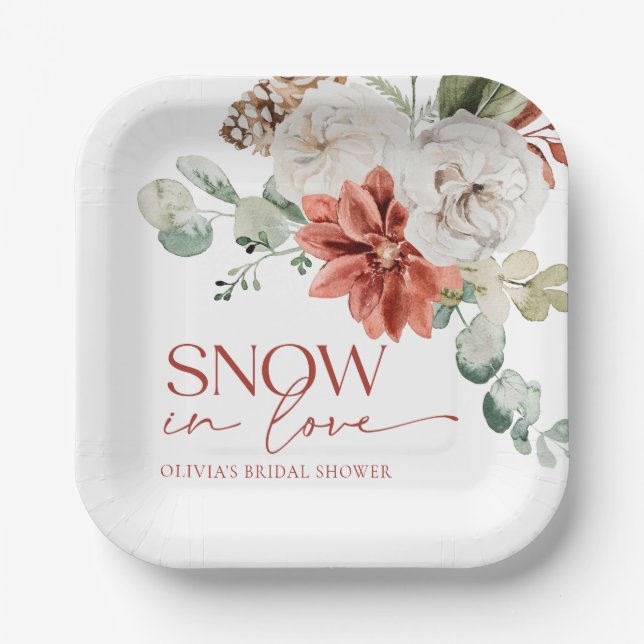 Assiettes En Carton Elégante neige en amour Hiver Fête des mariées rou (Recto)