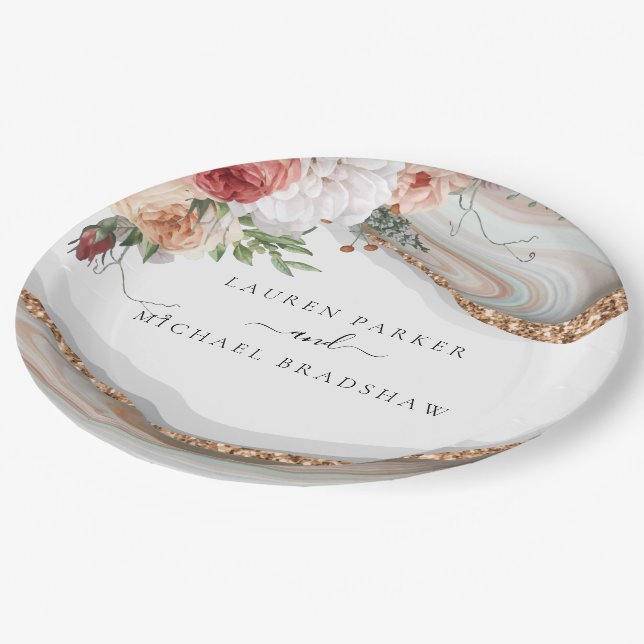 Assiettes En Carton Elégante Parties scintillant en marbre fleuri Mari (Angle)