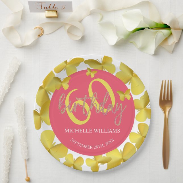 Assiettes En Carton Élégante Parties scintillant Gold Butterfly Callig (Mariage)