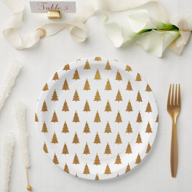Assiettes En Carton Elégante parties scintillant or arbres de Noël mot (Mariage)