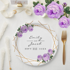 Assiettes En Carton Elégante Parties scintillant or Geo Purple Floral 