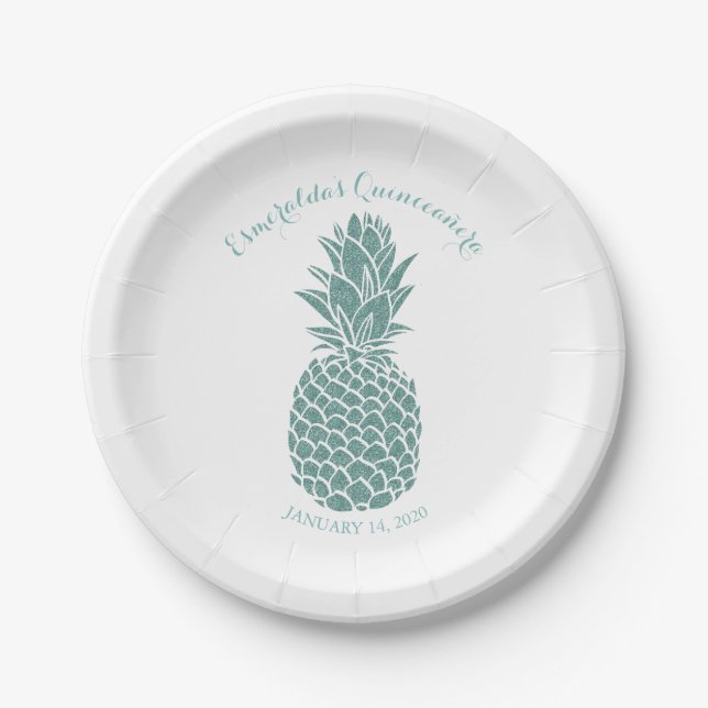 Assiettes En Carton Elégante Parties scintillant Turquoise Ananas Quin (Devant)
