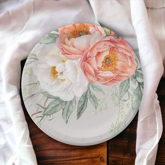 Assiettes En Carton Elégante Pêche et blanc Floral Feminine (Créateur téléchargé)