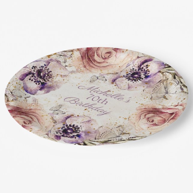 Assiettes En Carton Élégante Purple Blush Pink 70e fête d'anniversaire (Angle)