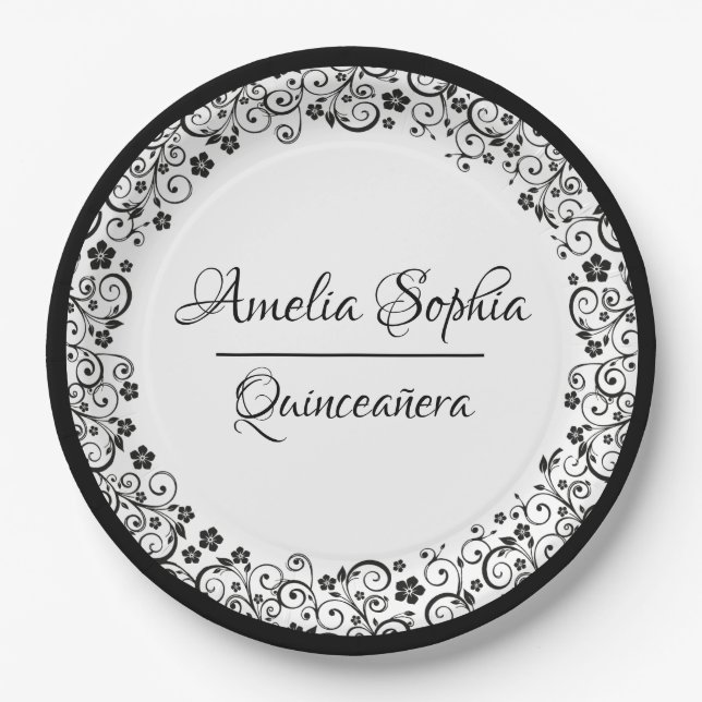 Assiettes En Carton Elégante Quinceañera Black Swirls sur blanc (Devant)