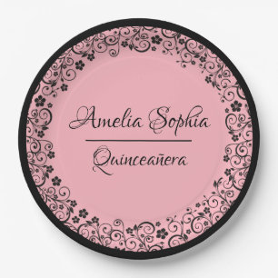 Assiettes En Carton Elégante Quinceañera Black Swirls sur PInk