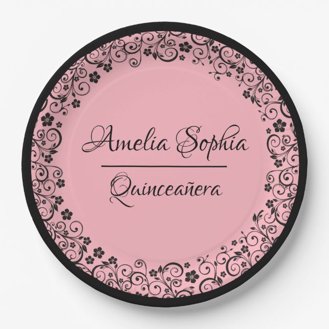 Assiettes En Carton Elégante Quinceañera Black Swirls sur PInk (Devant)