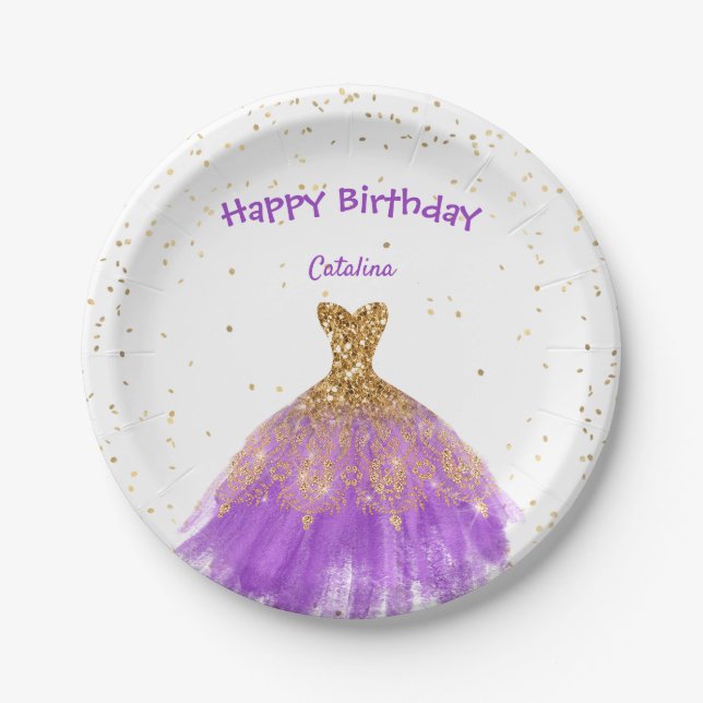 Assiettes En Carton Élégante robe d'or violet Anniversaire (Devant)