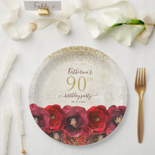 Assiettes En Carton Elégante Rose rouge Floral Gold 90e fête d'anniver