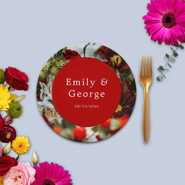 Assiettes En Carton Élégante roses rouges fleurs fleurs Mariage floral (Créateur téléchargé)