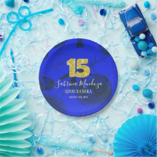 Assiettes En Carton Elégante Royal Blue Quinceanera Gold Parties scint