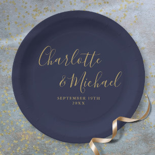 Assiettes En Carton Élégante Signature Script Bleu Nuit Or Mariage