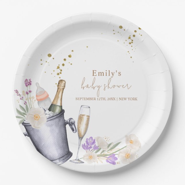 Assiettes En Carton Elégante Sip & Voir Champagne Baby shower bouteill (Devant)