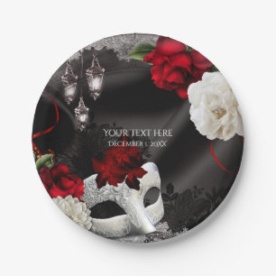Assiettes En Carton Elégante Soie Noire Florale & Dentelle Masquerade 