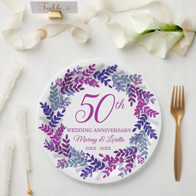 Assiettes En Carton Élégante Soirée de 50e Anniversaire Rose (Mariage)