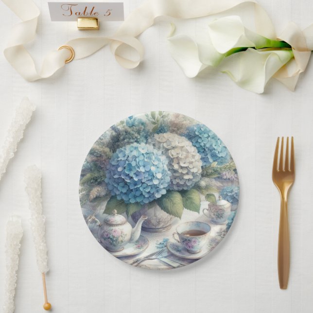 Assiettes En Carton Elégante Tea Party Blue Hydrangea Plaque papier (Mariage)