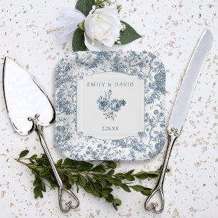 Assiettes En Carton Élégante toile Florale Bleue Française Gravée