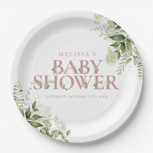 Assiettes En Carton Elégante verdure Dusty Rose Baby shower fille (Devant)